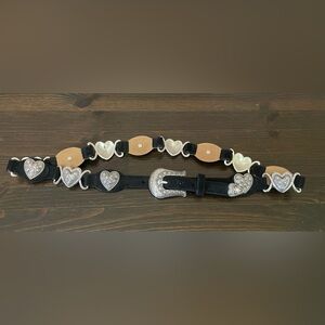 Tony Lama Women’s Western Leather Black Belt Silver Rhinestone Hearts Size 34